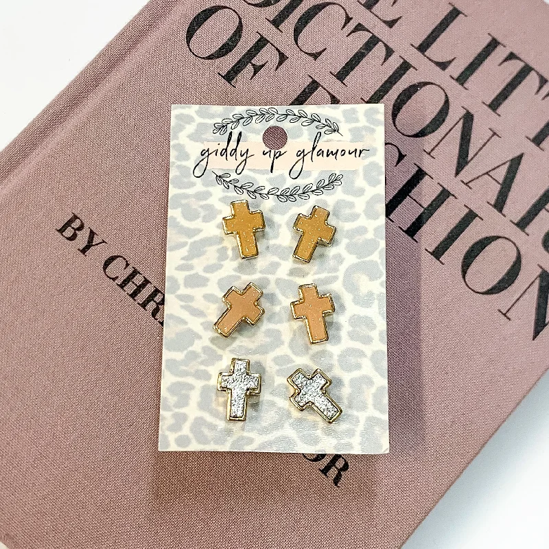 Surf theme earrings-Druzy Cross Stud Earring Set in a Neutral Mix