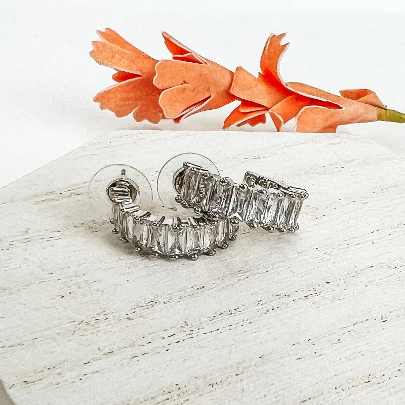 Light clay earrings-Silver Tone Hoop Earrings with Rectangle Clear Crystal Inlay