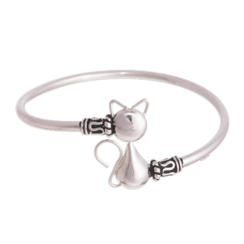 Bold geometric bangles-NOVICA Delightful Cat, Sterling silver pendant bangle bracelet