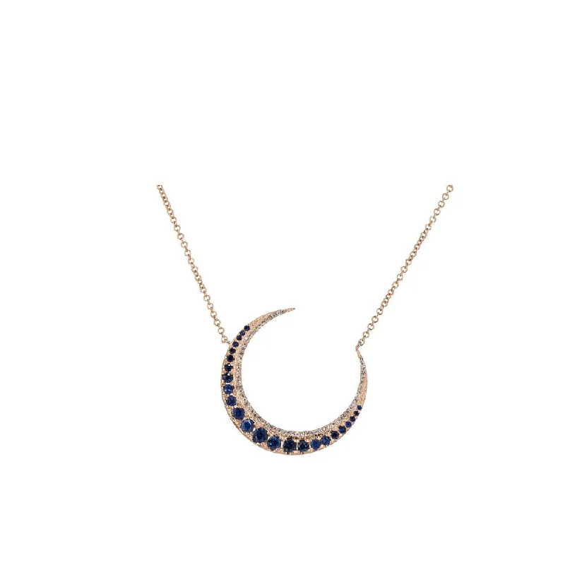 Solid bar necklaces-14KT Rose Gold Diamond Pave and Sapphire Crescent Necklace