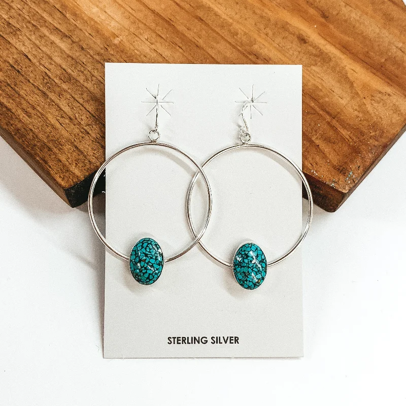 Cotton cord earrings-Merle House | Navajo Handmade Sterling Silver Hoop Earrings with Oval Kingman Turquoise Stone