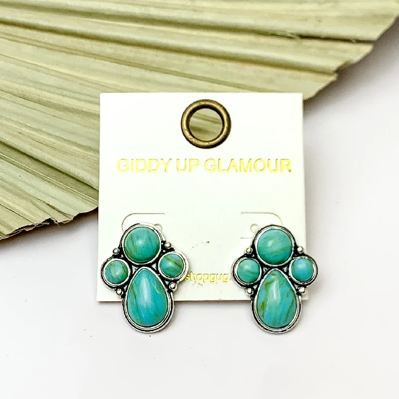 Wide hoop earrings-Silver Tone Cluster Stone Earrings in Turquoise Green