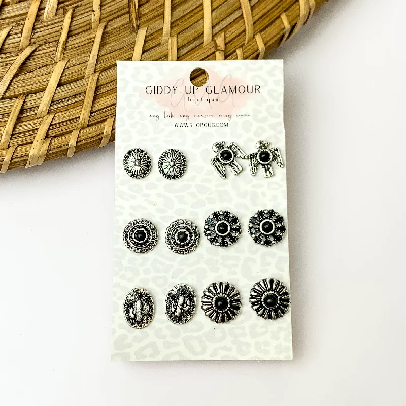 Mystic eye earrings-Set Of Six | Multiple Black and Silver Tone Stud Earrings