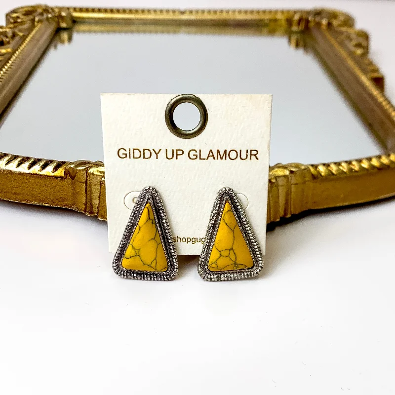 Tiered drop earrings-Western Silver Tone Faux Triangle Stone Earrings in Mustard Yellow