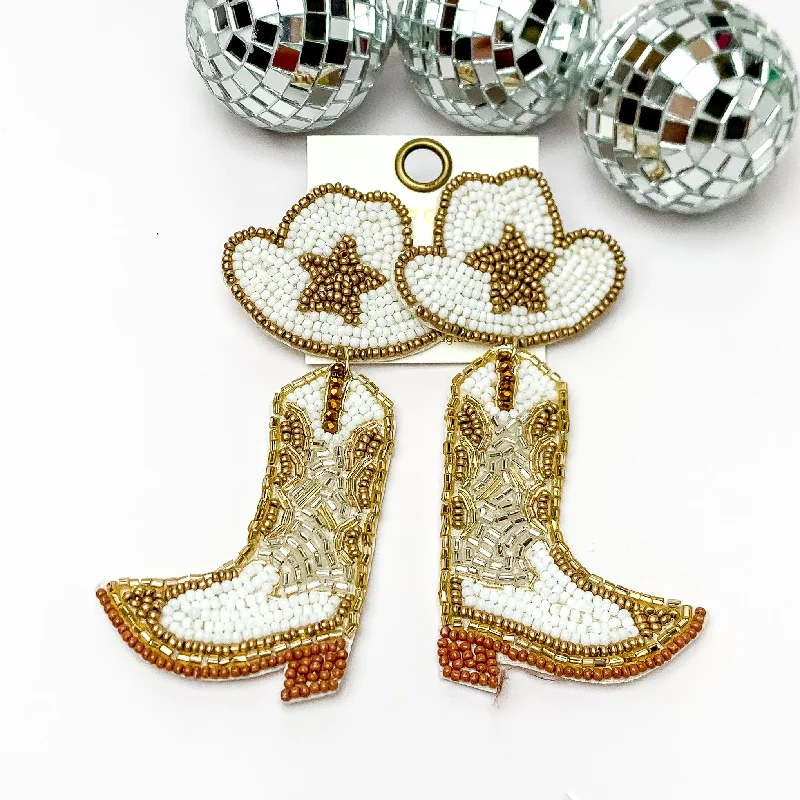 Cord tassel earrings-Beaded Cowboy Hat and Boot Earrings with Gold Star in White