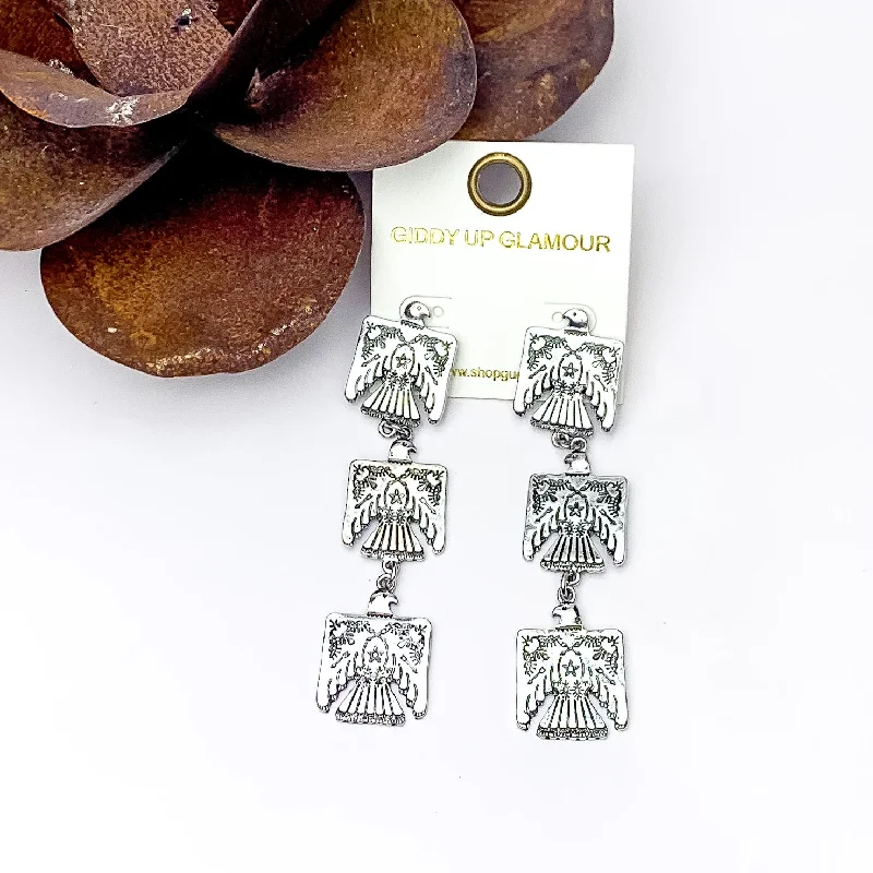 Bright stud earrings-Silver Tone Free Bird Three Tiered Earrings