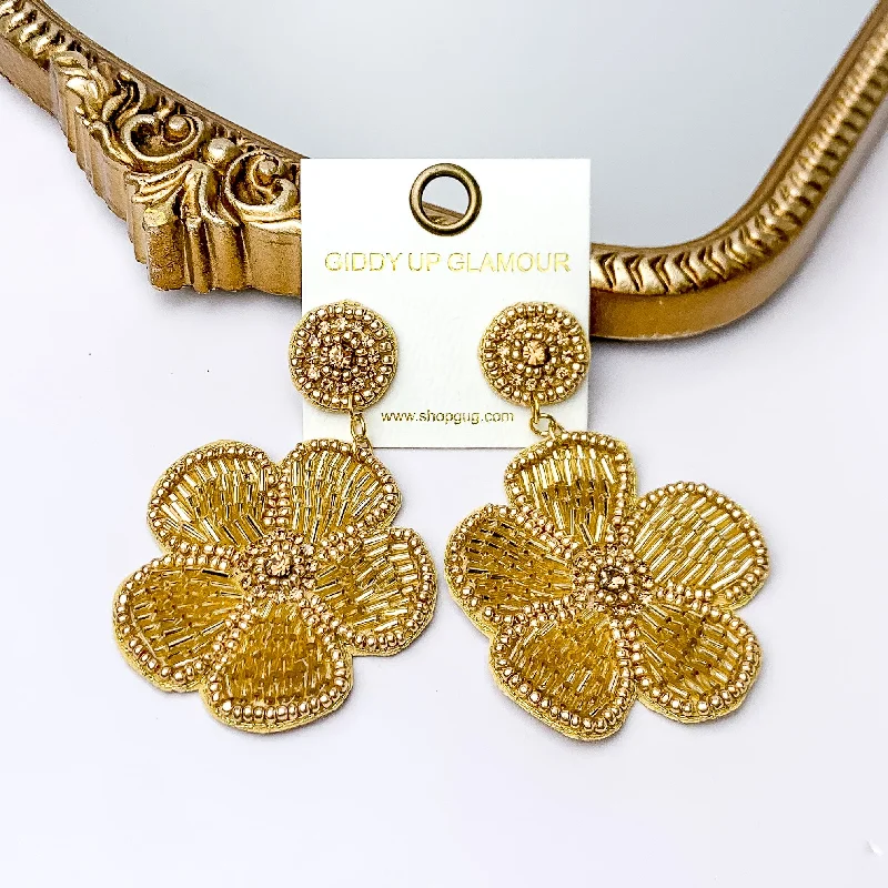 Pure star earrings-Beaded Flower Earrings in Gold with Crystal Stones