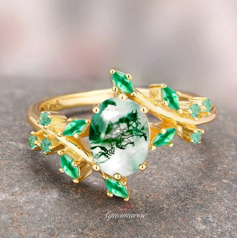 Wide geometric engagement rings-Green Moss Agate & Emerald Leaf Ring- 14K Solid Yellow Gold