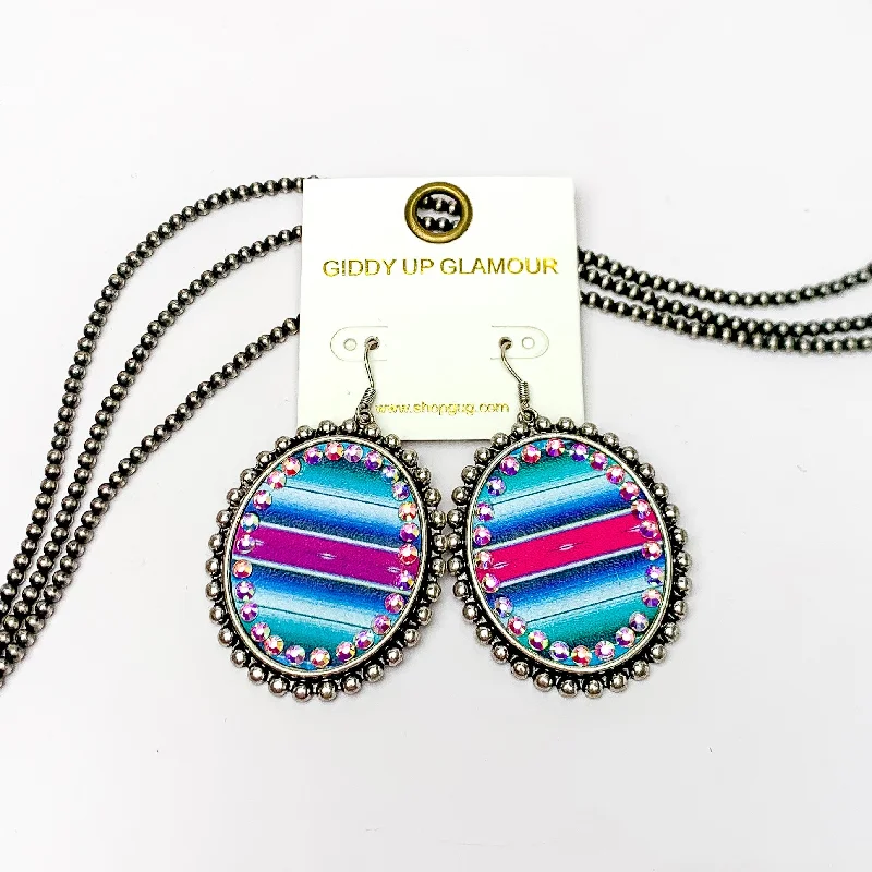 Polished art earrings-Silver Oval Earrings with Aztec Print Inlay and AB Crystals Outline