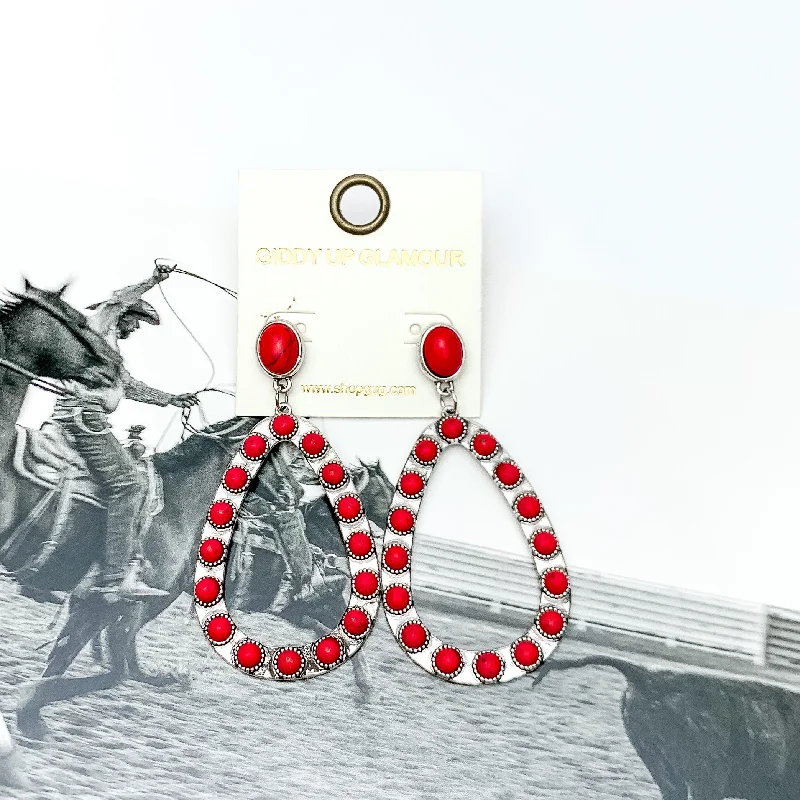 Tiered drop earrings-Western Open Teardrop Earrings With Stones in Red