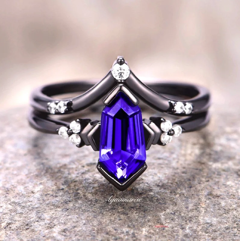 Subtle filigree engagement rings-Coffin Kite Tanzanite Ring- Black Rhodium Filled