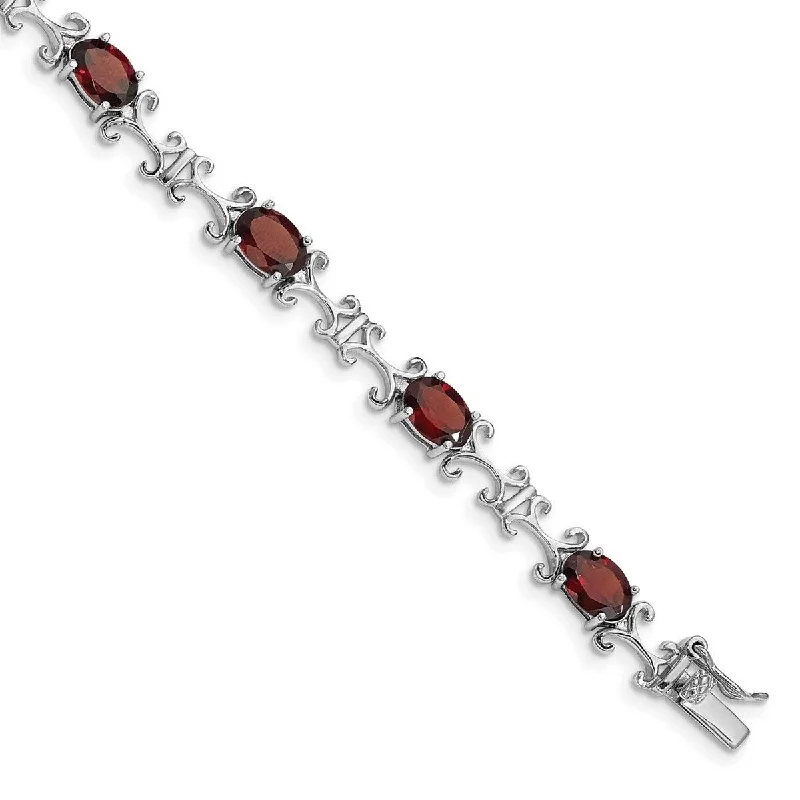 Regency style bangles-Curata 925 Sterling Silver Polished Open back Box Catch Closure Garnet Oval Bracelet