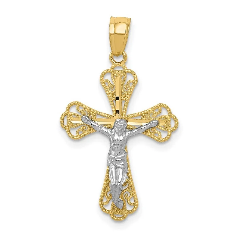 Fine bead necklaces-Curata 10k Yellow Gold and Rhodium 18" Filigree Crucifix Pendant Necklace