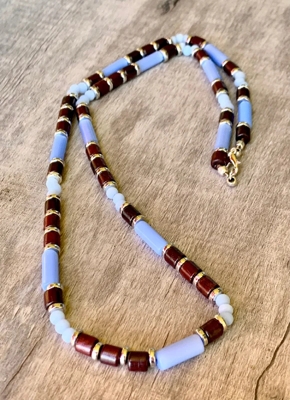 Peace eye necklaces-Morgan Handmade Cats Eye, Wood, and Brass 25" Beaded Necklace