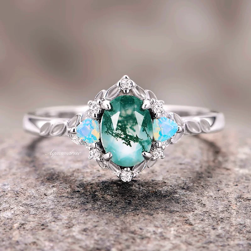 Polished bead engagement rings-Moss Agate & Opalescent Sapphire Ring- 14K White Gold