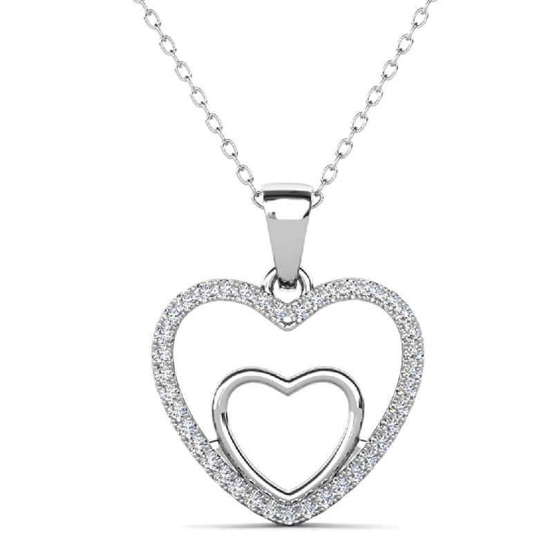 Elastic cord necklaces-Amorette 18k White Gold Plated Double Heart Pendant Necklace with Pave Simulated Diamond Crystals