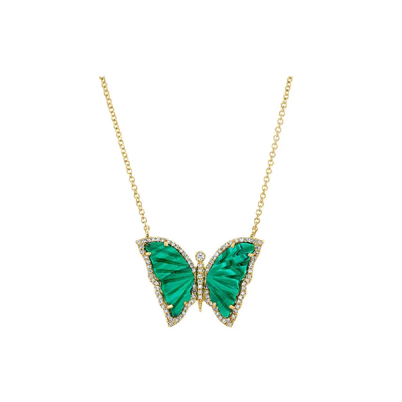 Bead braid necklaces-14K Yellow Gold, Diamond Pave & Malachite Butterfly Necklace