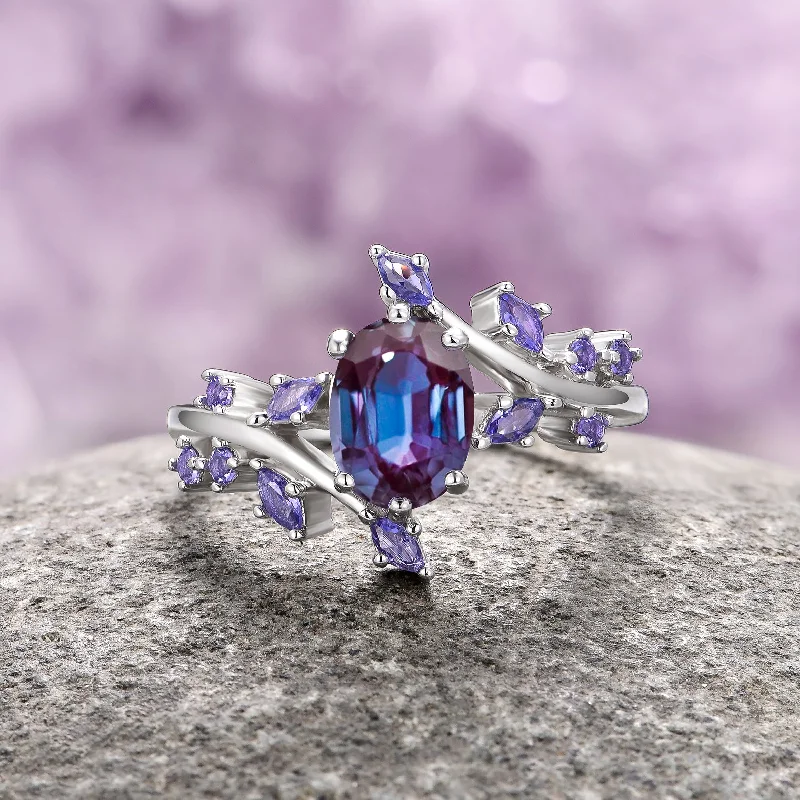 Blended metal engagement rings-Alexandrite & Cornflower Sapphire Fairy Leaf Ring- 14K White Gold