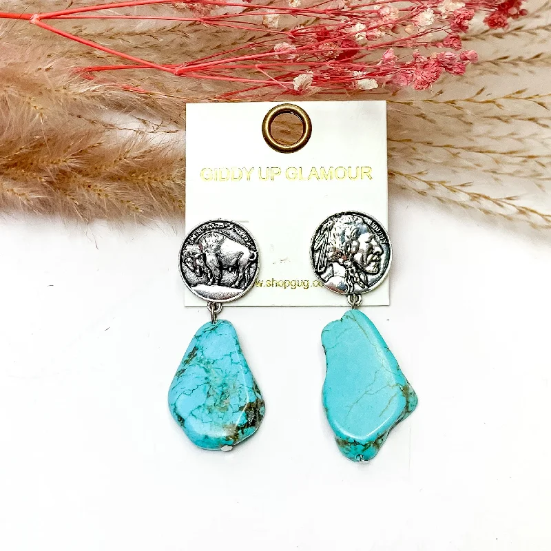 Topaz stud earrings-Turquoise Stone Earrings With Silver Tone Coin Posts