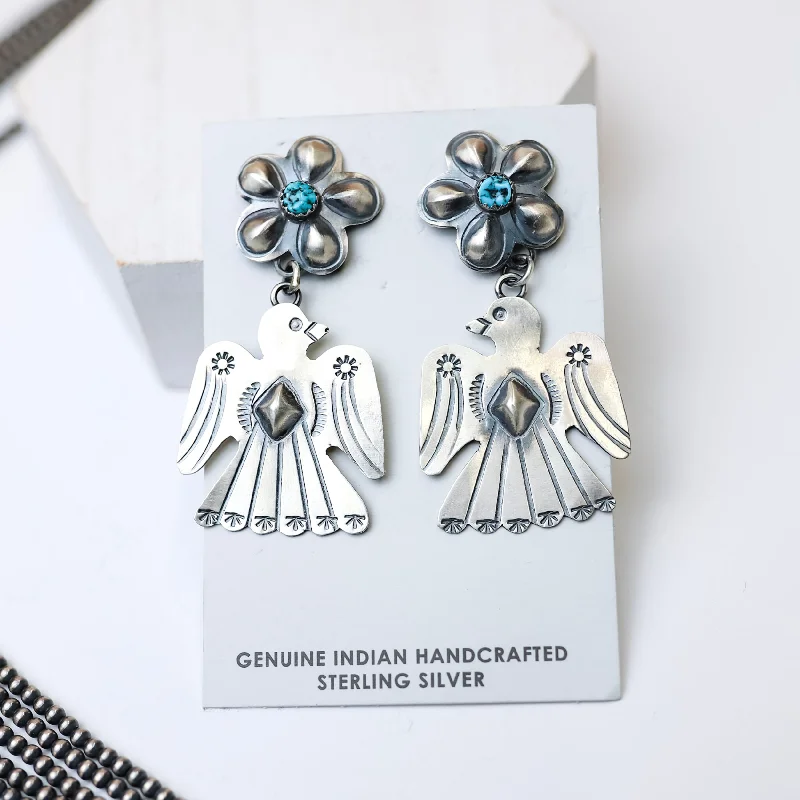 Oval dangle earrings-Tim Yazzie | Navajo Handmade Sterling Silver Flower Post Thunderbird Drop Earrings with Turquoise Stones