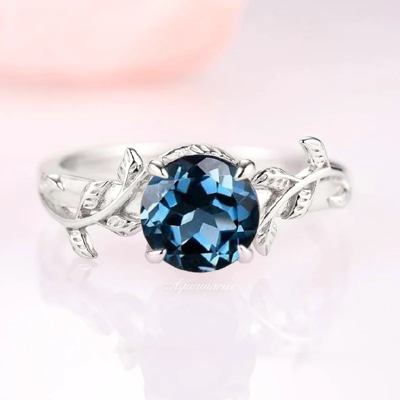 Oval cut engagement rings-London Blue Topaz Leaf Ring- 14K White Gold