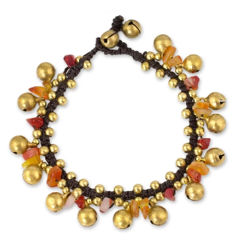 Lily motif bangles-Handmade Brass 'Joyous Bells' Carnelian Bracelet (Thailand)