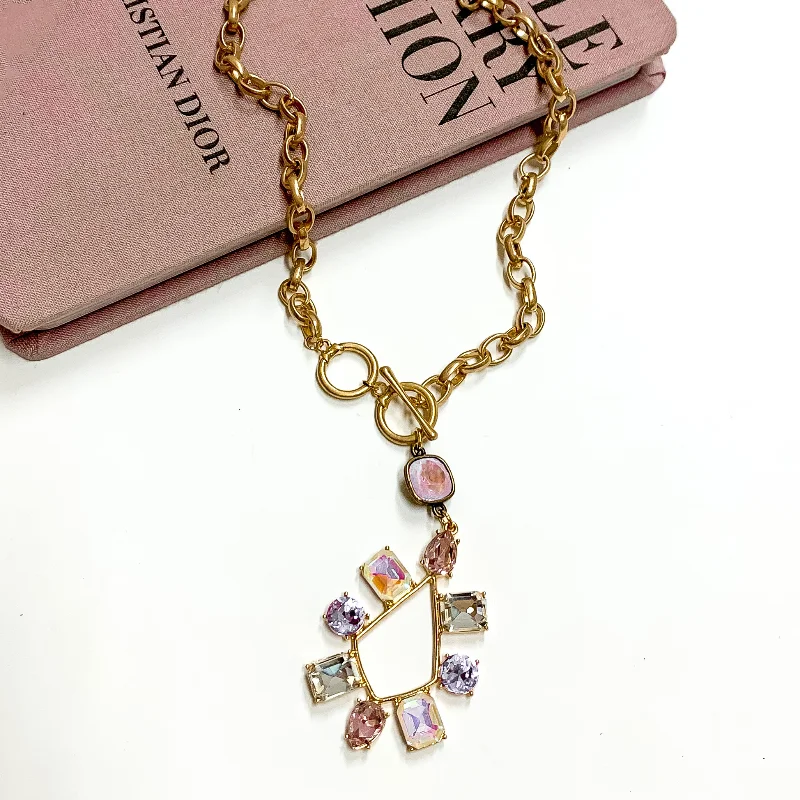 Wide hoop earrings-Pink Panache | Gold Tone Chain Necklace with a Lavender Crystal Drop and Multicolor Crystal Teardrop Pendant