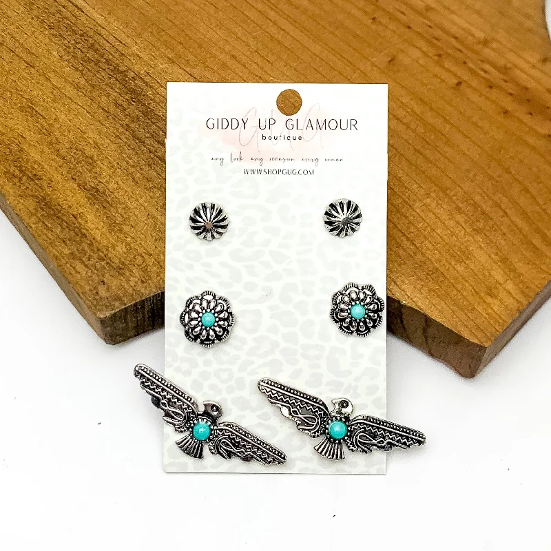 Pure crystal earrings-Set Of Three | Silver Tone Designed Earrings With Turquoise Blue Stones