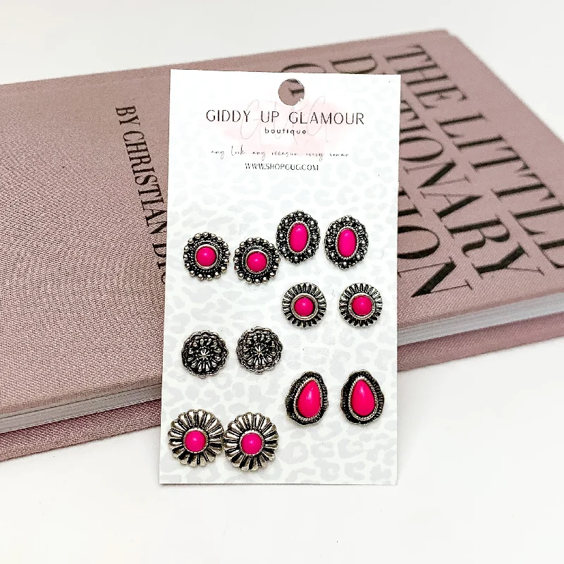 Art deco earrings-Set of Six | Fuchsia Pink and Silver Tone Designed Stud Earrings