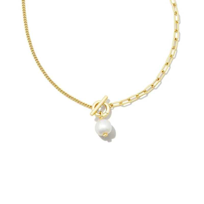 Tiny wing earrings-Kendra Scott | Leighton Gold Pearl Chain Necklace in White Pearl