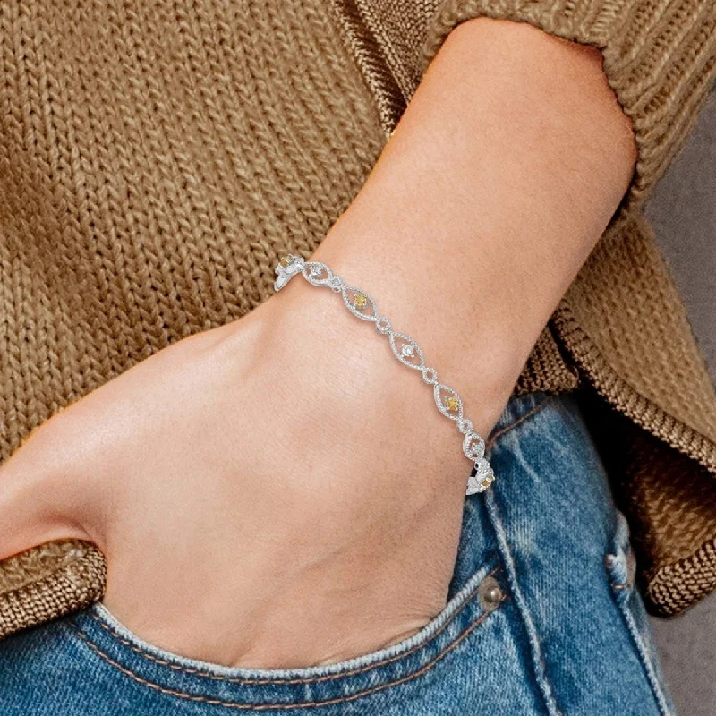 Subtle accent bangles-Curata 925 Sterling Silver Textured Polished Open back Lobster Claw Closure Citrine Diamond Bracelet