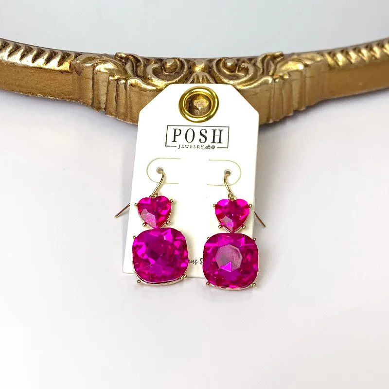 Rough texture earrings-Posh by Pink Panache | Gold Tone Fuchsia Pink Heart Shaped and Cushion Cut Crystal Drop Earrings