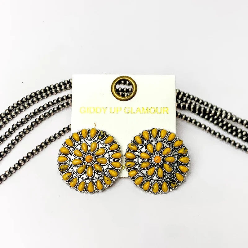 Sleek art earrings-Silver Tone Circle Cluster Stud Earrings with Yellow Stones