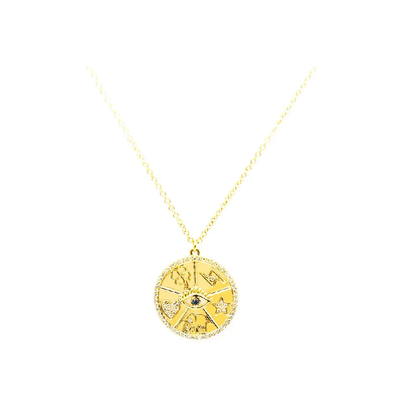 Coil knot necklaces-14k Yellow Gold and Diamond Medallion Lucky Necklace. Clover, Lightening Bolt, Star, Elephant and Heart and Evil Eye