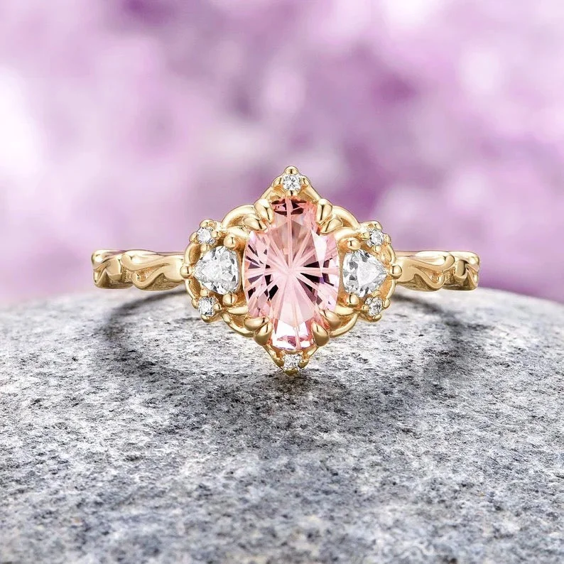 Sleek form engagement rings-Esme Star Cut Morganite Ring- 14K Solid Yellow Gold