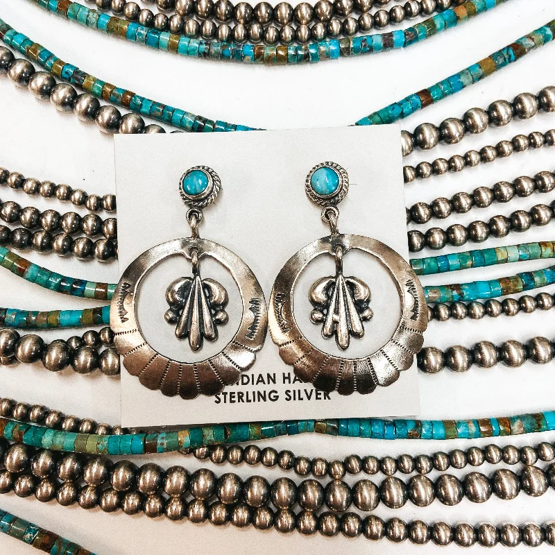 Polished art earrings-Annie Spencer | Navajo Handmade Sterling Silver Circle Dangle Earrings with Kingman Turquoise Post