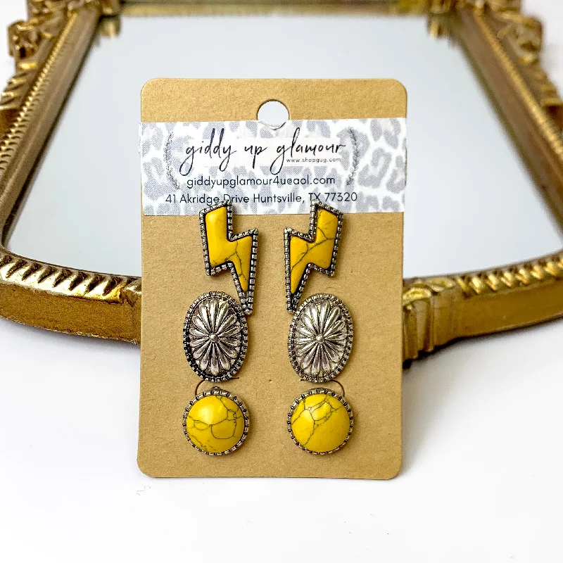 Light drop earrings-Set Of Three | Lightning Bolt and Concho Stud Set in Mustard Yellow