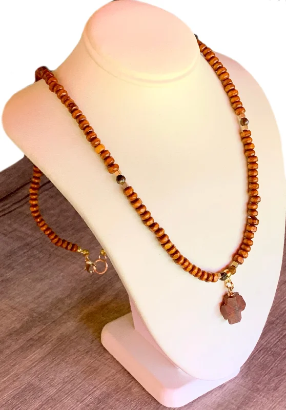 Surf wave necklaces-Christof Handmade Wood, Tigers Eye, and Hematite 24" Necklace With A Vintage Greek Square Cross