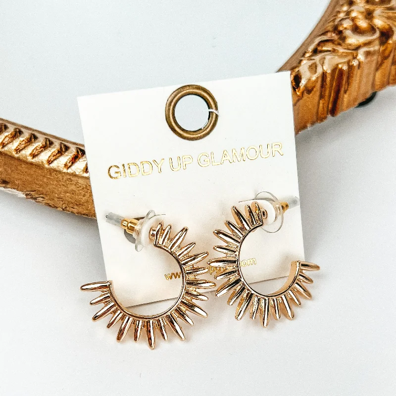 Bold statement earrings-Sunburst Hoop Earrings in Gold Tone