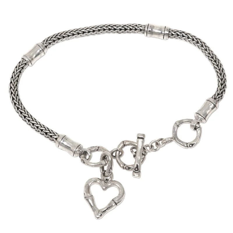 Layered chain bangles-NOVICA Bamboo Heart, Sterling silver charm bracelet