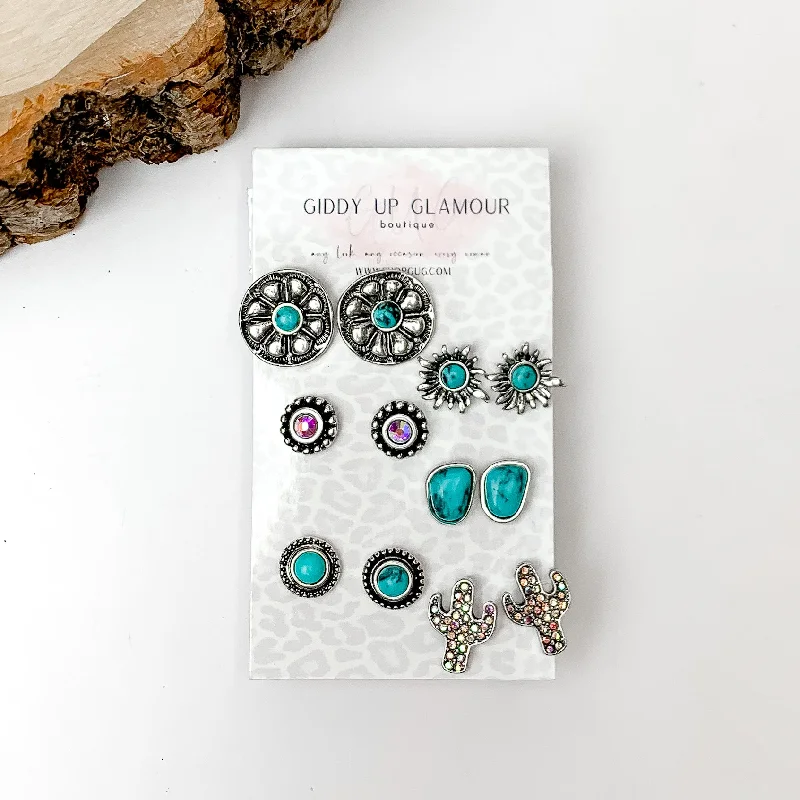 Smooth drop earrings-Set Of Six | Western Flowers Turquoise Blue and Silver Tone Stud Earrings