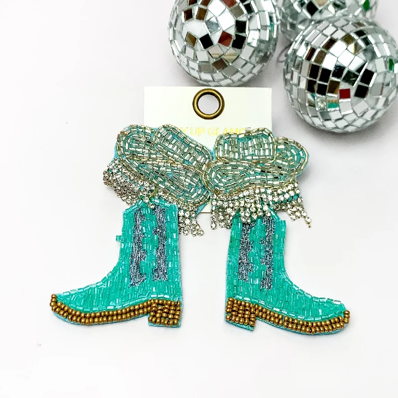 Wide tier earrings-Beaded Cowboy Hat and Boot Earrings with Clear Crystal Fringe in Turquoise Blue