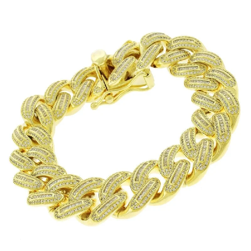 Textured metal bangles-Sterling Silver 18mm Iced Out CZ Baguette Miami Cuban Solid 925 Yellow Gold Bling Bracelet Chain 9"