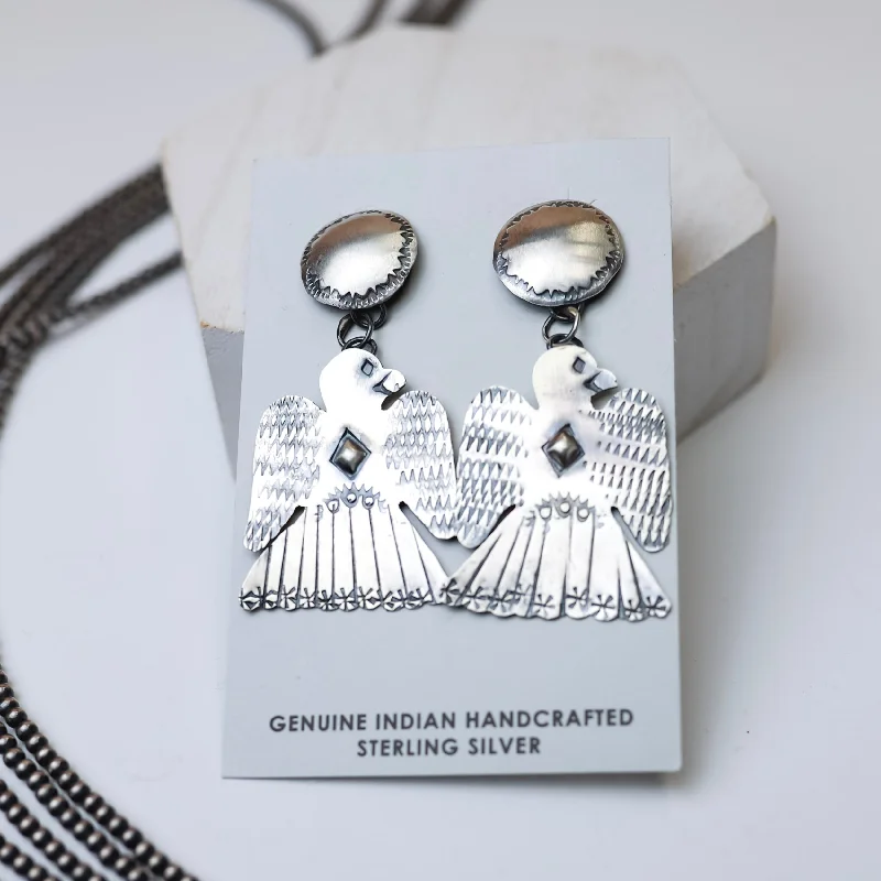 Cotton cord earrings-Tim Yazzie | Navajo Handmade Sterling Silver Thunderbird Drop Earrings