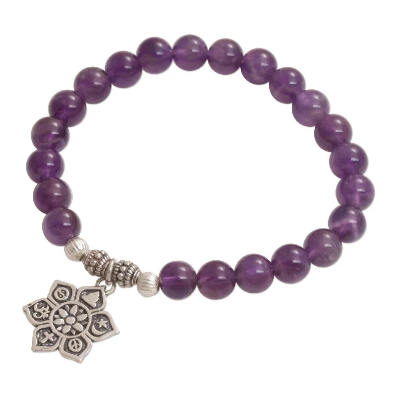 Rustic lock bangles-NOVICA Unity Flower, Amethyst beaded charm bracelet