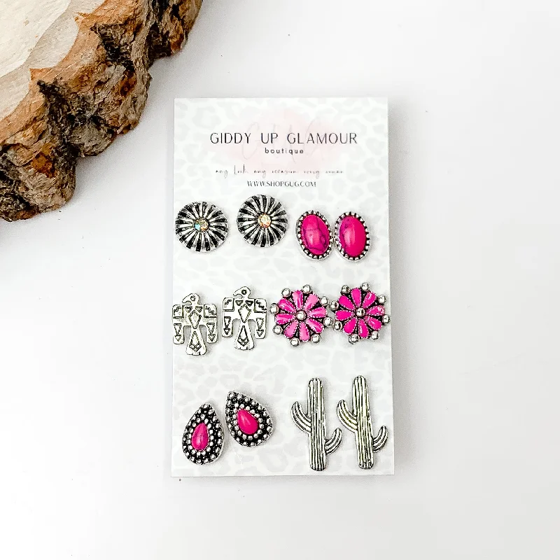 Wide tier earrings-Set Of Six | Western Themed Fuchsia Pink and Silver Tone Stud Earrings