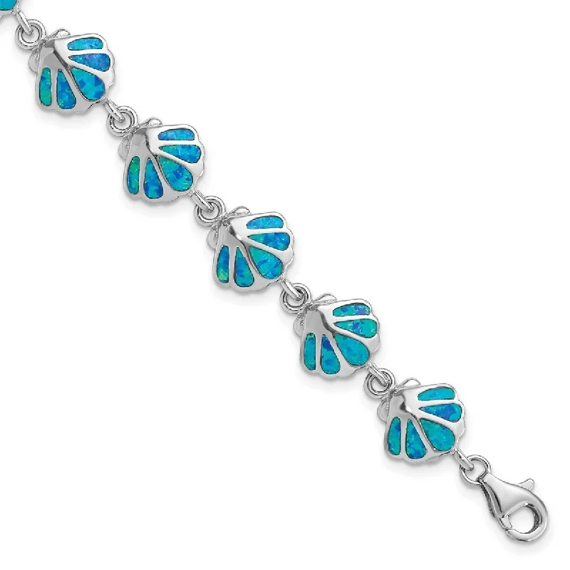 Dove feather bangles-Curata 925 Sterling Silver Polished Lobster Claw Closure Created Blue Simulated Opal Inlay Shell Bracelet 7 Inch