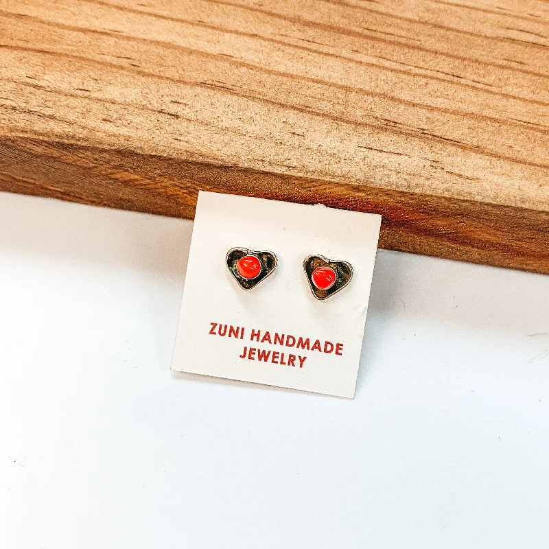 Curved design earrings-Angie Rosetta | Zuni Handmade Sterling Silver Heart Stud Earrings with Red Coral