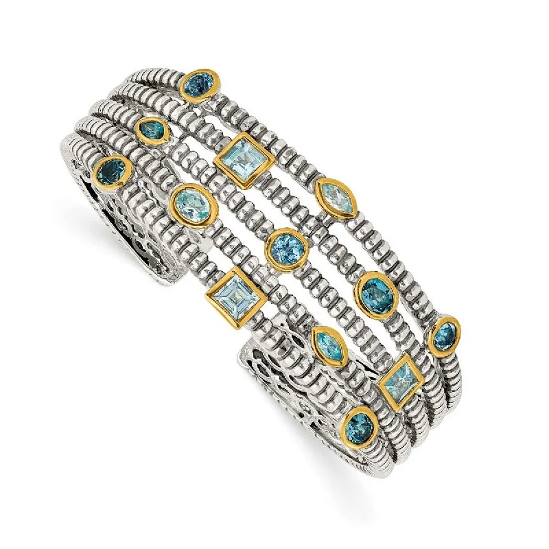 Retro deco bangles-Curata 925 Sterling Silver Bezel Polished With 14k Blue Topaz Cuff Stackable Bangle Bracelet