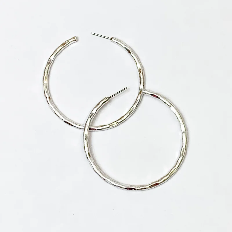 Sleek art earrings-Medium Hammered Hoops in Silver Tone